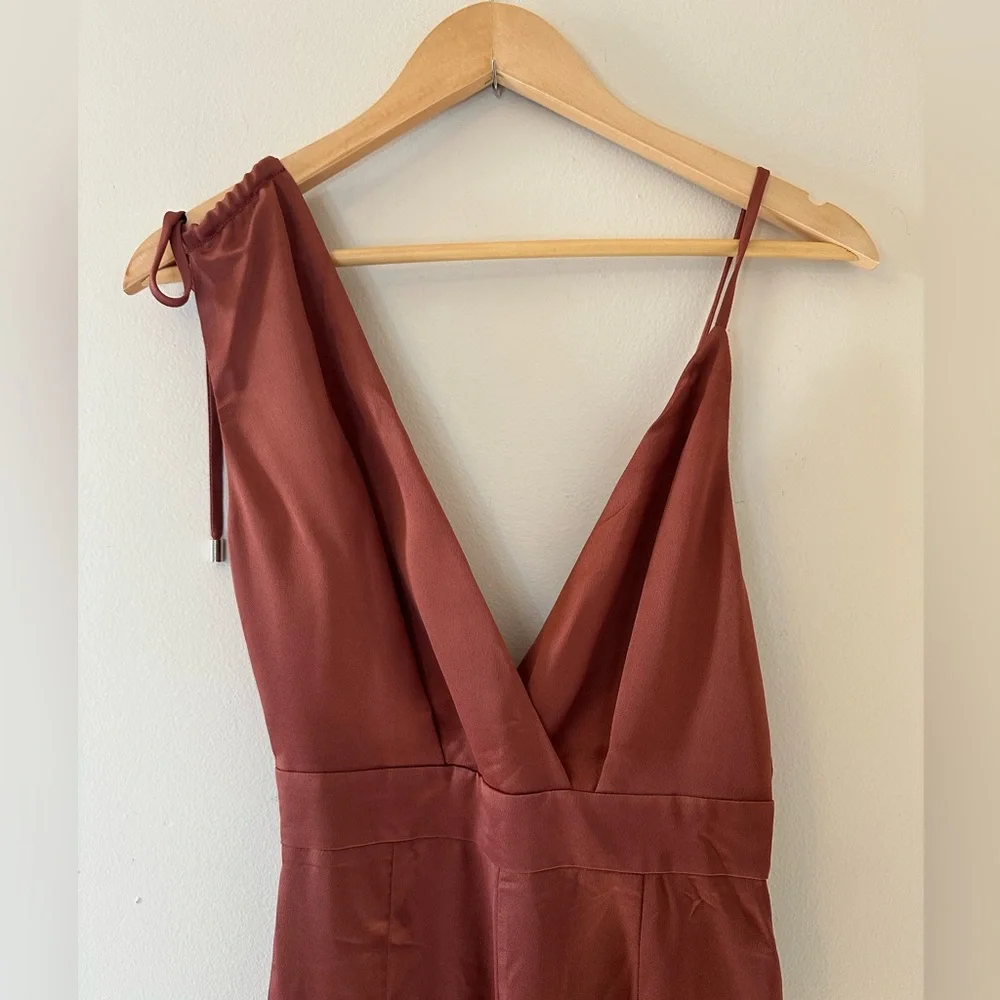 Lulu’s Look of Luxe Rusty Rose Satin Asymmetrical Wide-Leg Jumpsuit - Si… - Picture 6 of 10